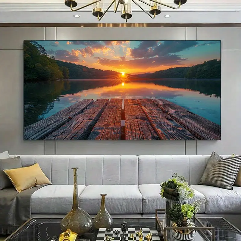 1 piece canvas painting, Large canvas art, Tranquil sunset over lake and wooden pier canvas art, Vibrant sky reflection for living room and bedroom, Bedroom wall art |   Vivid color art for living room, bedroom office decor.