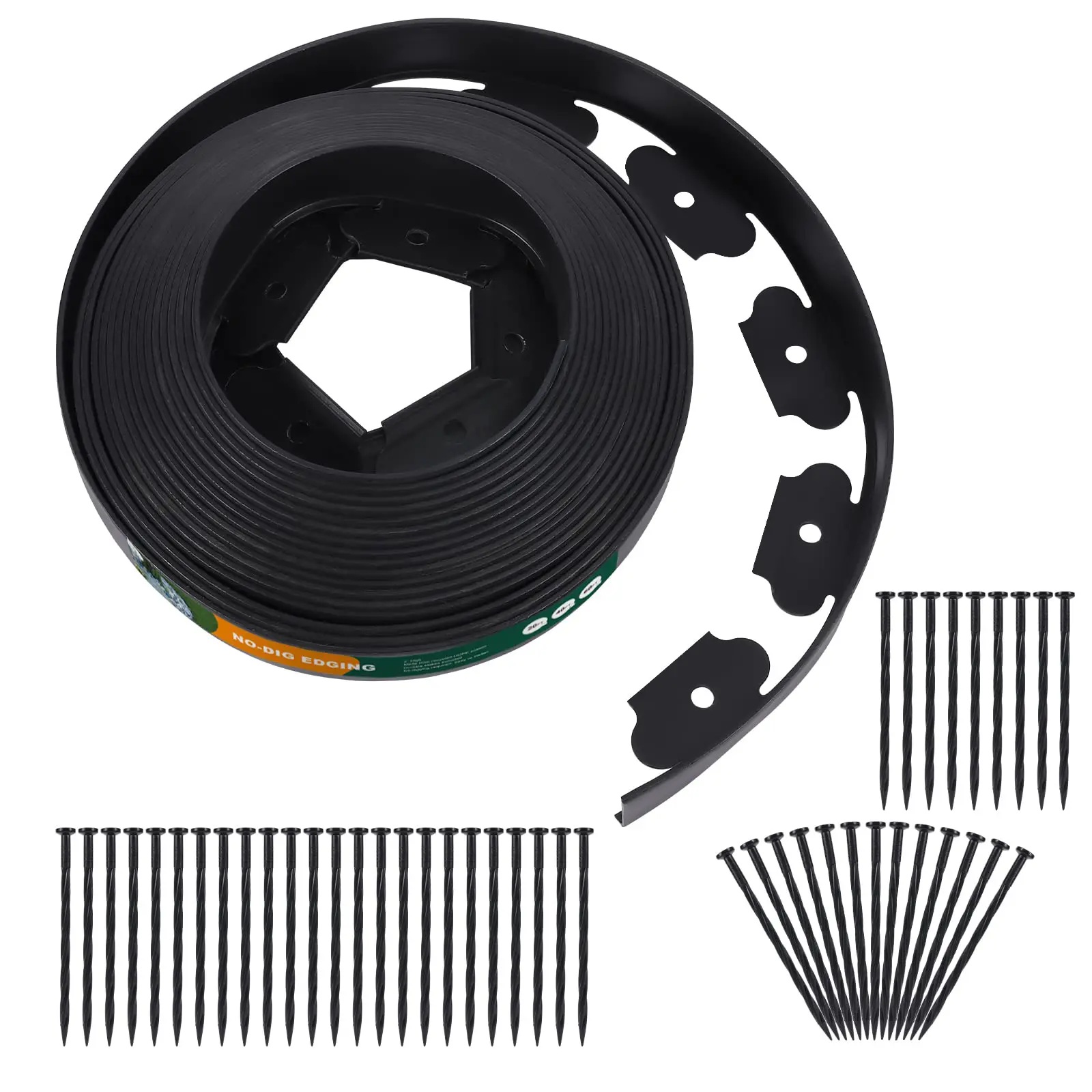 ANLEOLIFE 40ft No-Dig HDPE Garden Border Edging Kit, Flexible Black Beginner-Friendly Design with Easy DIY Installation, 48 8-in Spiral Stakes, Long-Lasting Performance for Lawn, Flower Beds, Yard