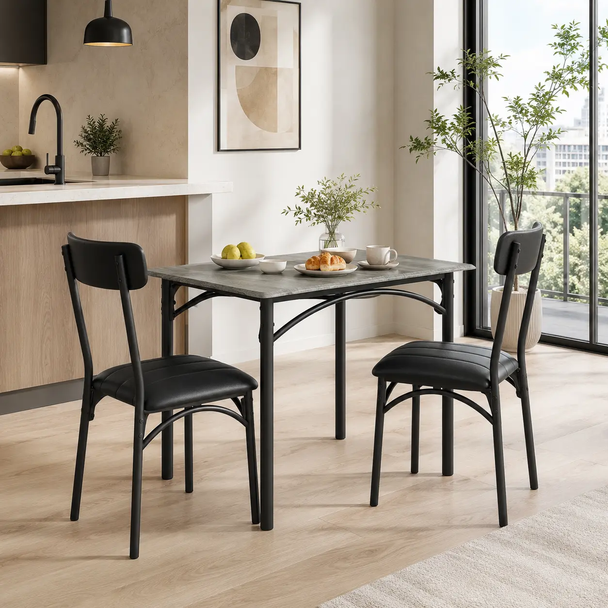 Garvee 3-Piece Dining Table Set for 2 - Small Kitchen Table with 2 Upholstered Cushion Chairs, Metal Frame & MDF Top - Space-Saving Dining Room Set for Small Spaces