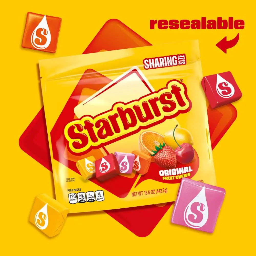 Starburst Chewy Candy, Sharing Size, Individually Wrapped Fruit Chews Candy, 15.6 Oz Resealable Bag