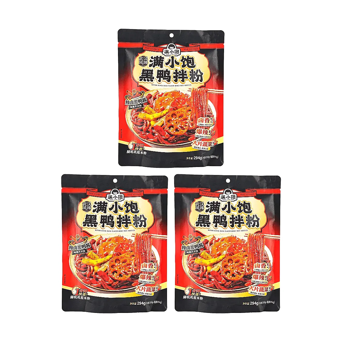 ManXiaoBao Wuhan Style Spicy Duck Sauce Noodles 294g x 3 Pack - Authentic Mala Hot & Savory Flavor with Large Vegetable Pieces, Quick 1-Minute Cook, Chewy Thick Rice Noodles