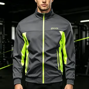 1 piece color-block fluorescent green zip-up sports jacket, high-stretch fitness training top, men’s everyday outdoor trendy autumn sportswear