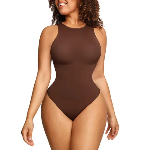 Soo Slick Women's Thong Bodysuit - High Compression Crew Neck Sleeveless Buttery-Soft Nylon Shapewear, 360° Abdominal Tightening, Plus Size Summer Minimalist Stylish Snap-Closure Shapewear Body Sculpting Top, Underwear for Women