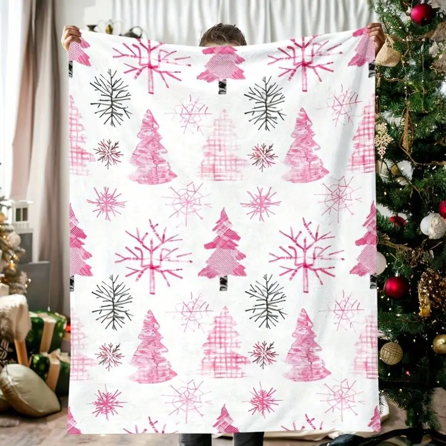1pc Traditional Crochet Christmas Flannel Throw Blanket - Wrinkle-Resistant, Durable, Fade-Resistant, Soft, Warm Pink Christmas Tree, Geometric Snowflake Design for Naps, Camping | Custom Holiday Gift for Family, One-Piece