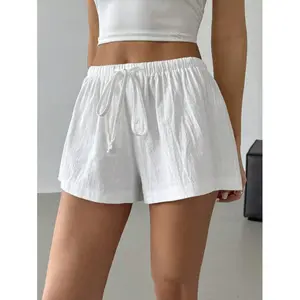 Women's White Solid Color Drawstring Waist Loose Casual Shorts Above The Knee Summer Minimalist Style Cotton
