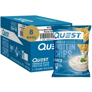 Quest Tortilla Style Protein Chips with 19g of Protein, Ranch Flavor, 1.1 Oz Bags, 8 Count Snack Crispy