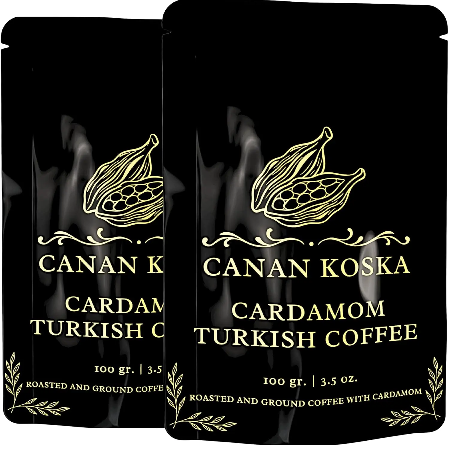 Canan Koska Certified Organic 100% Arabica Cardamom Turkish Ground Coffee - Premium Medium Roast, Caffeinated, Sugar Free, Traditional Ottoman Recipe, Spicy Aroma, 3.5 oz (100g) Airtight Resealable Pouch Pack of 2 for Coffee Lovers, Natural Ingredients, A
