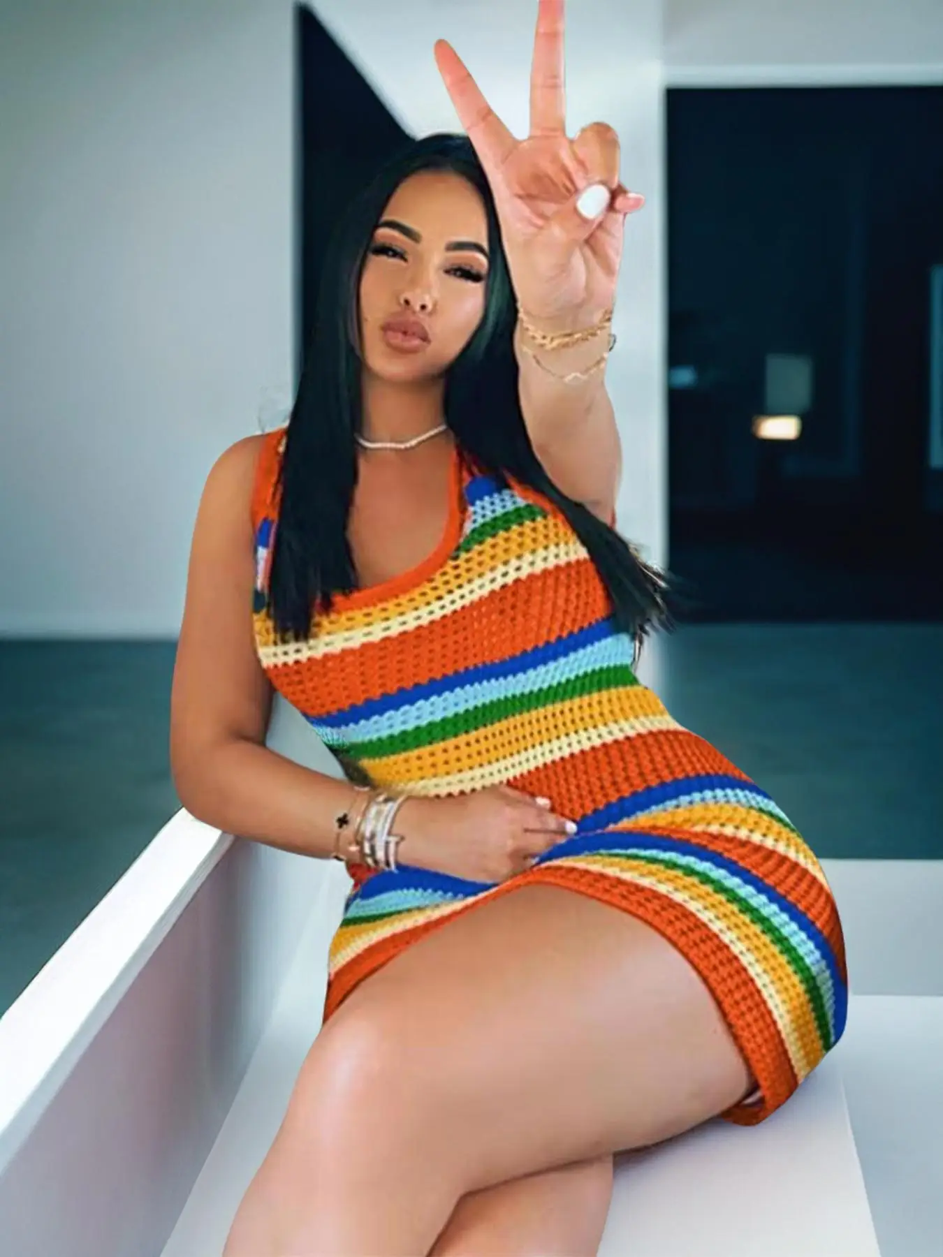 Women's Colorblock Striped Print Hollow Out Crochet Bodycon Dress, Dress in Club, Dresses for Women, Summer Dresses 2024, Back To School Outfits, Casu