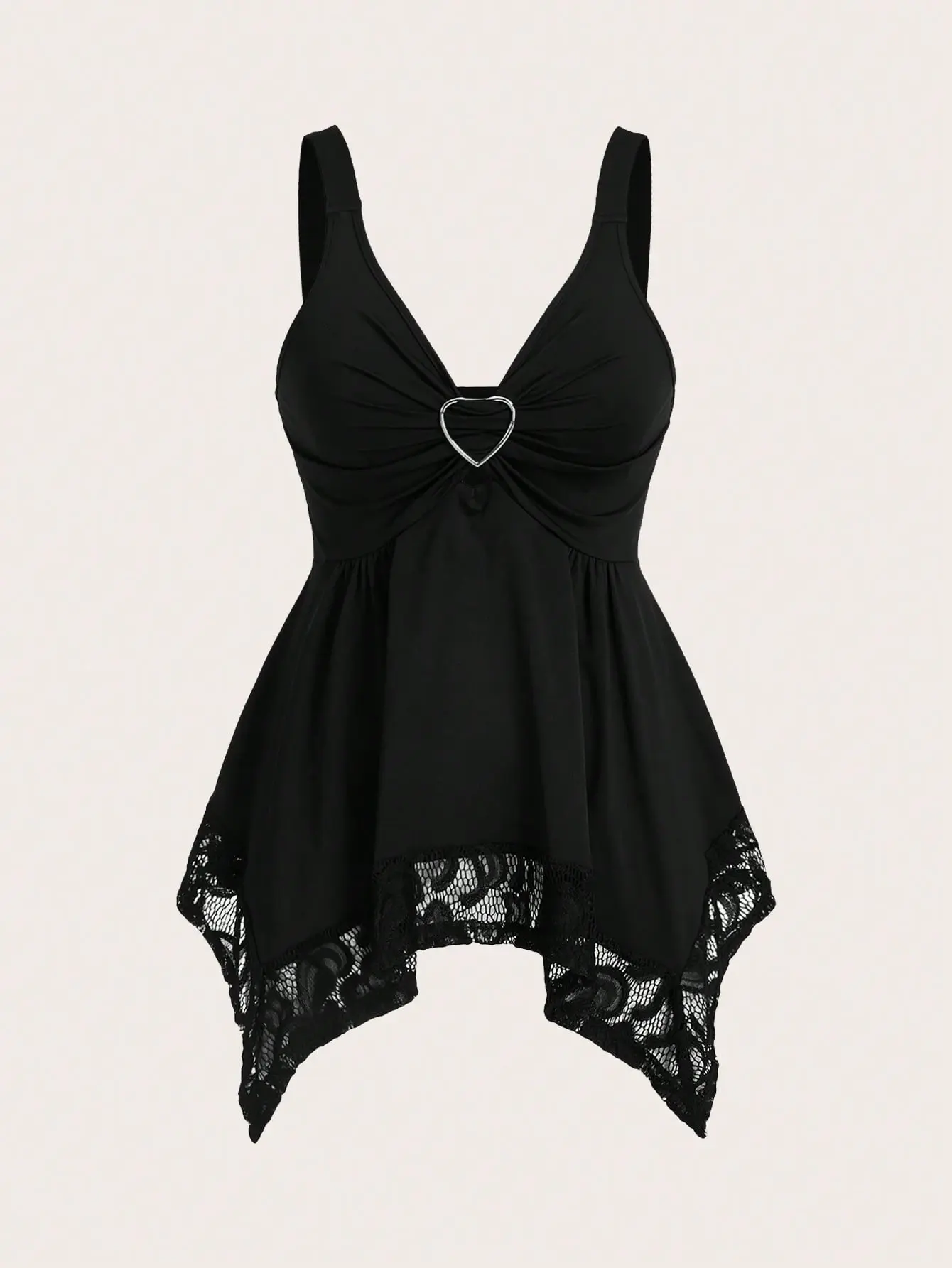 LALUZ V Neck Pink Tank Top Heart Ring Detail Asymmetrical Lace Hem Regular Length Going Out Evening Top