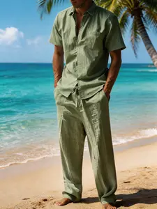 Mens Linen 2 Piece Outfit Short Sleeve Button Down Shirt and Loose Long Pants Set Casual Summer Beach Vacation Walking Suit with Pocket