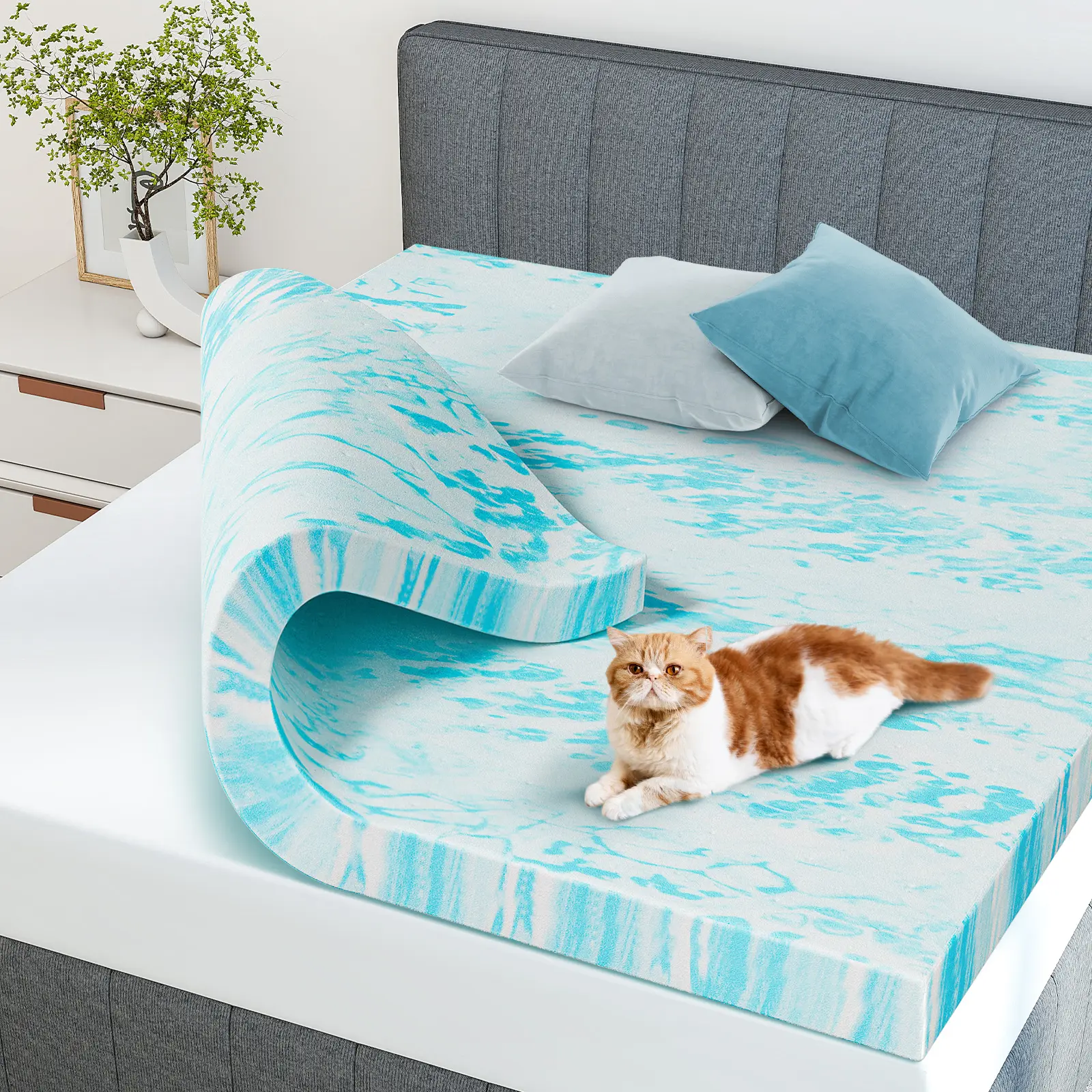 Cool Breathable Mattress Pad Topper, Supportive Memory Foam Bed Topper with Cooling Gel Swirl Infusion - Ideal Gift for Cozy Sleep