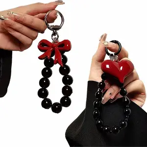 Must-Have! Stunning Black Beaded Phone Lanyard | Red Heart/Bow Charms | Free Spacers + Jewelry Box | Trendy Women’s Bag Keychain | Ideal Valentine’s Day & Birthday Gift | Cell Phone Charm
