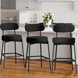 DYHOME Bar Stools Set of 3, 27.56 Inches Boucle Counter Height Bar Stools with Back, White Modern Tall BarStools with Metal Legs for Kitchen Island Fabric Padded Chair