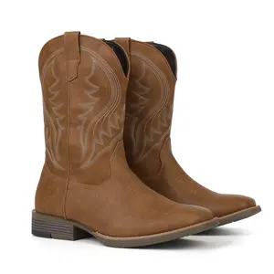 VIMISAOI Cowboy Boots for Men Classic Embroidered Western Boots Square Toe Chunky Heel Ankle Boots Durable and Fashionable Retro Short Boots Summer Boots