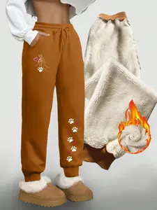 Women's Fashion Casual Fitted Long Pants, Pet Claw Paw Print, Fleece Lined Warm Sweatpants, Plain Lamb Wool, Fall & Winter, Adjustable Drawstring Waist, Womenswear