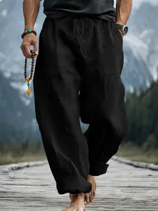 Men's Casual Relaxed Fit Loose Linen Textured Wide Leg Pants, Drawstring Waist, Large Pockets, Breathable Quick-Dry Summer Outdoor Jogger Pants