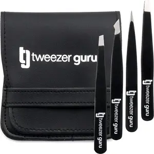Tweezer Guru Eyebrow Tweezer Set (4-Piece) for Women & Men - Professional Slant and Pointed Tweezers Set with Case - Precision Tweezers Kit for Facial Hair, Splinter and Ingrown Hair Removal Makeup Cosmetic Flawless