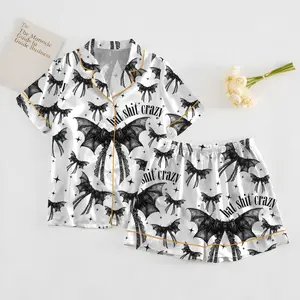 Bat Shit Crazy Gothic Coquette Bow Satin Pajama Set Adults, Halloween Print Pajamas Bat Gothic Coquette, Homewear Bow Black Gifts Women