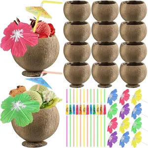 Fovths 12 Set Coconut Cups, 17 Oz Natural Coconut Shell Cups, Coconuts Shaped Tiki Cup with Straws Cocktail Umbrella Picks for Birthday Beach Pool Hawaiian