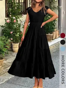 New Summer Women's V-Neck Long Dress, Elegant Butterfly Cap Sleeve Shirred Design, Multi-Layered A-Line, Romantic Vacation Style