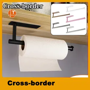 Strong Adhesion No-Drill Kitchen Paper Towel Holder - Black Stainless Steel Multi-Purpose Hanging Rack for Indoor & Outdoor