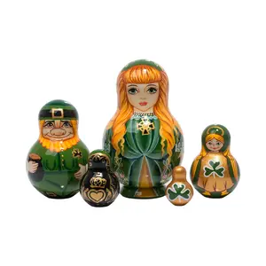 Irish Traditions 5-Piece Nesting Dolls 5" Celtic-Themed Set with Step Dancer Leprechaun Angel Claddagh Ring & Shamrock Made in Upper Volga Region