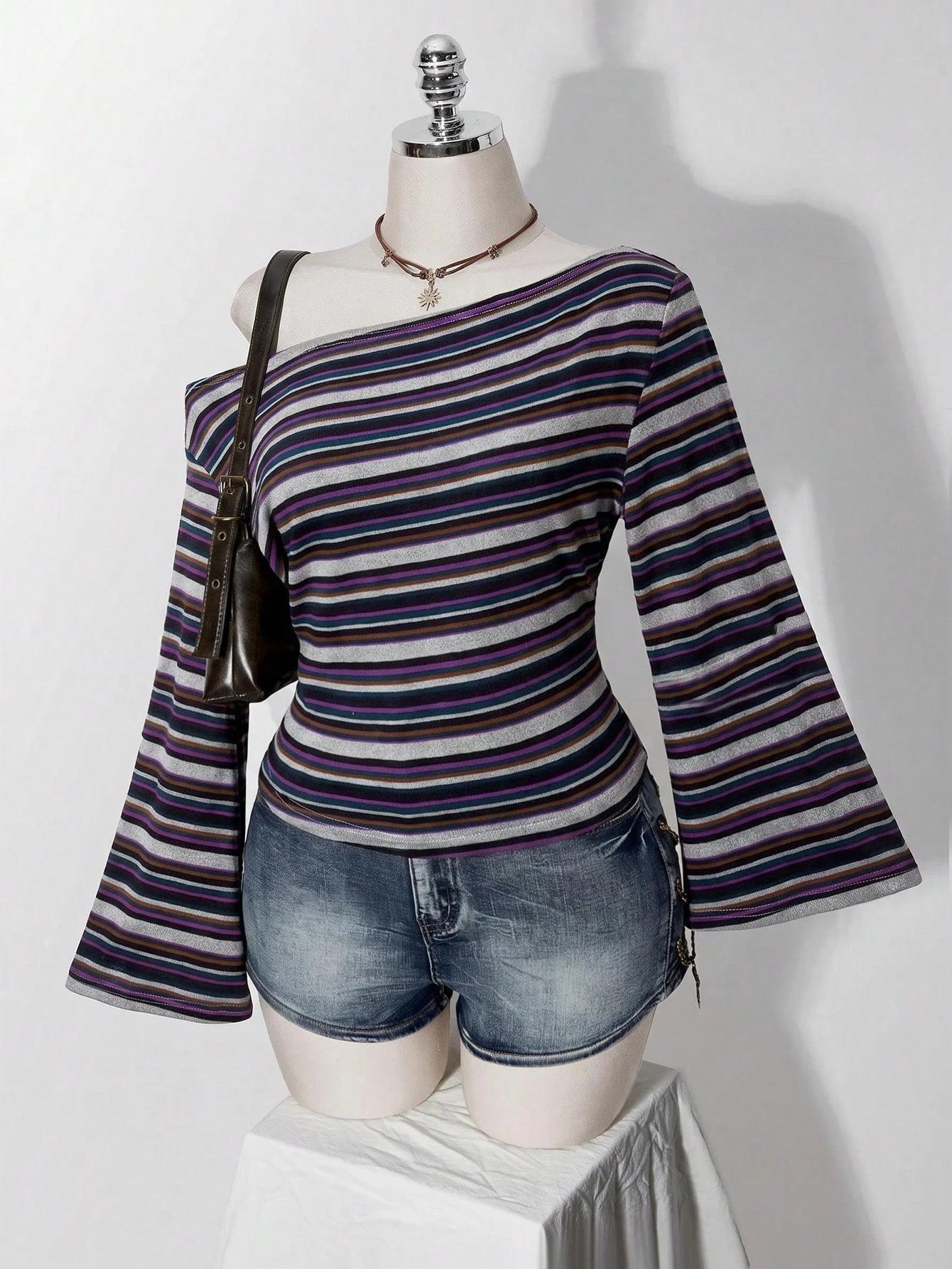LALUZ Waist-Cinching Plus Size Knitted T-Shirt Asymmetrical Shoulder Y2K Vintage Long Sleeve Fall Top Trendy