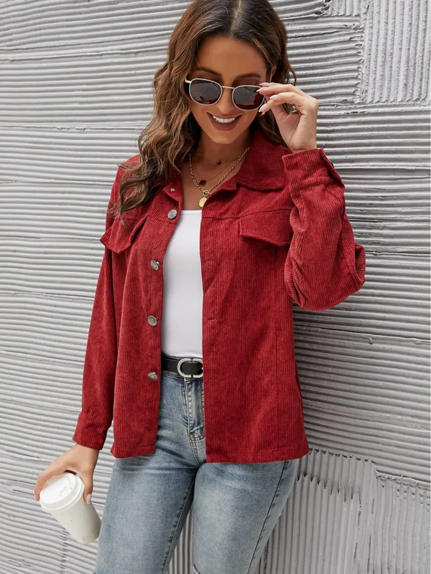 Women's Soft Corduroy Collared Button-Up Shacket - Long Sleeve Top, Versatile Everyday Fabric Layer for Leggings, Tee Outfits