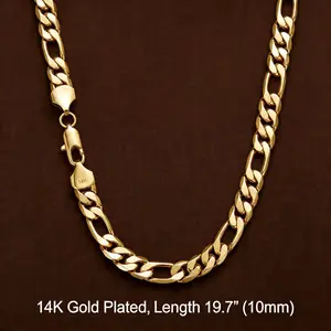 14K Gold Plated Figaro Chain Necklace, 50cm (19.7") Length, 10mm Width, Unisex Cuban-Style Link Chain, Tarnish-Resistant Hip Hop Necklace, Perfect Gift for Him or Her, Gender-Neutral Statement Jewelry for Men & Women