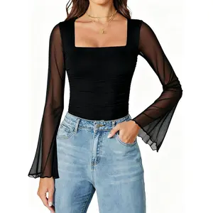 Bodysuits for Women Long Bell Sleeve Mesh Square Neck Body Suits Going Out Ruched Bodysuit Tops Concert Outfits Womenswear Basic Minimalist Valentine's Day Gift Elegant Elegant
