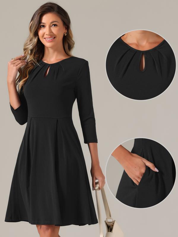 INSPIRE CHIC Women's Crew Neck 3/4 Sleeve Pleated Neck A-Line Above Knee Elegant Dresses Black