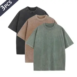 Set of 3 cotton crew-neck T-shirts, washed with a distressed finish; loose casual street short-sleeve summer men’s tops for everyday wear and sports/outdoor activities.