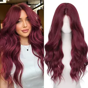 Long Burgundy Wavy Wigs for Women Wine Red Middle Part Wig 26 inch Natural Looking Synthetic Wig Heat Resistant Fiber Wigs for Daily Party Use