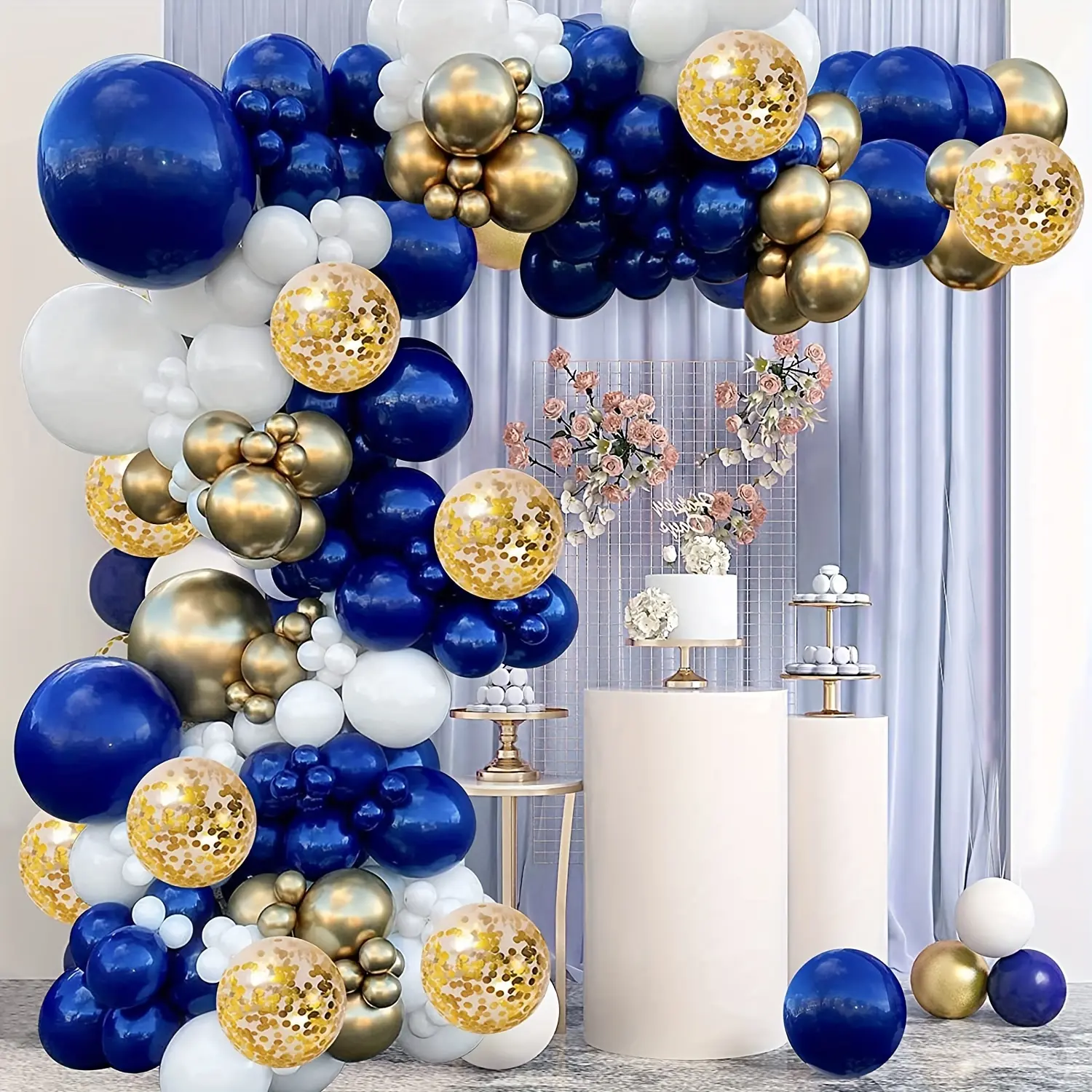 Navy Blue & Gold Balloon Garland Kit with Confetti, White Accents, Arch Kit - Birthday Theme Balloons for Class of 2026 Prom, Wedding Decorations