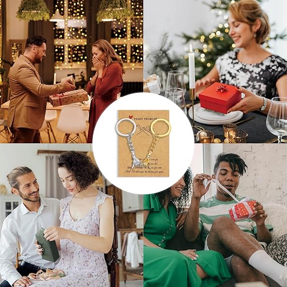 Pinky Promise Matching Keychains for Couples, Romantic Valentine‘s Day Gifts for Him Her Boyfriend Girlfriend, Meaningful Anniversary Presents for Long Distance Relationship, Premium Quality Elegant Design Couple Keychain Set Gold Silver (3.9 Inch)