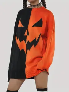 Women's Loose-Fit Round Neck Halloween Pumpkin Jacquard Sweater, Winter Casual Style Knitted Pullover, Long Sleeve Drop Shoulder Top, Womenswear, Knitwear