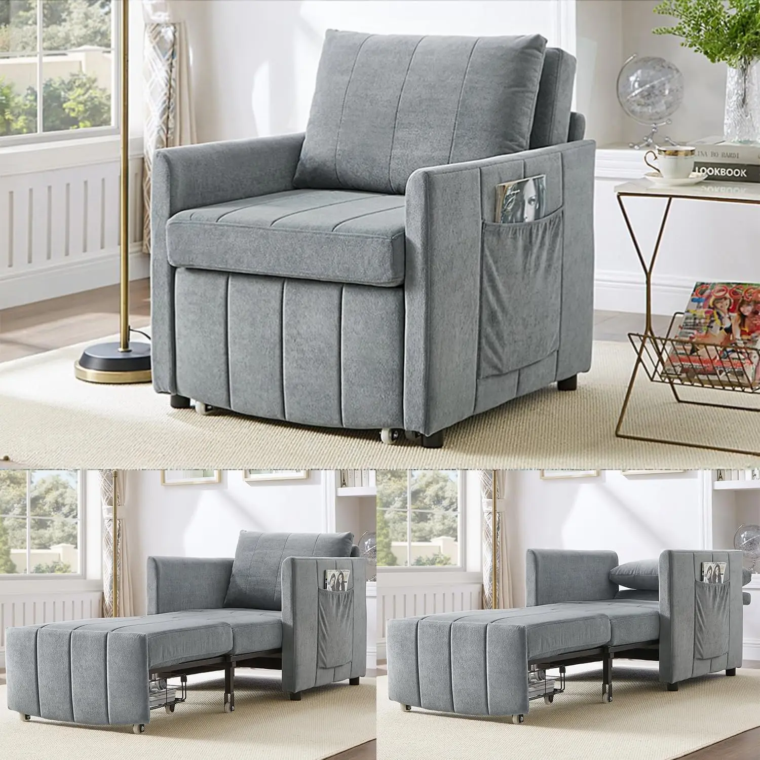 3-in-1 Convertible Sleeper Chair Bed Daybed Sofa, Fluffy Chenille Upholstery Futon Couch with Adjustable Backrest & Storage, Recliner Armchair for Home Sofa Living Room, Apartment Dorm
