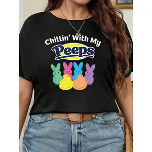 Women's Black 180g Cotton Crewneck Short Sleeve Easter Graphic Tee, "Chillin’ With My Peeps" Colorful Bunny and Chick Print Casual T-Shirt for Spring