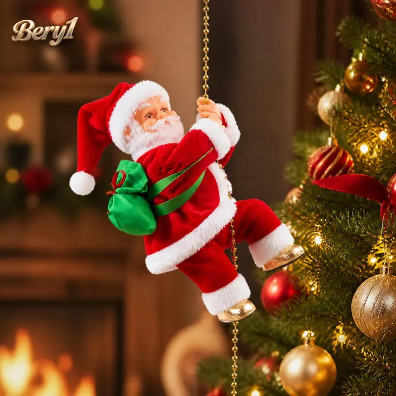Animated Electric Climbing Santa Claus Decoration - Battery-Operated with Music, 3 ft Chain, Indoor-Outdoor Christmas Tree Ornament, Christmas Wishlist Item for Holiday Decor, Unique Gift
