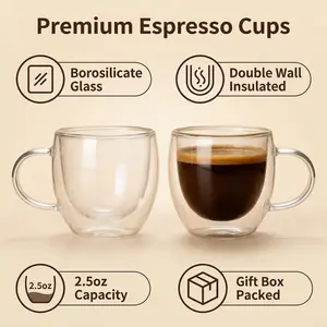 Espresso Cup Set (2 pack 2.5 oz / 80 ml), Double Wall Borosilicate Glass Espresso Cups with Handles, ideal for a small espresso shot