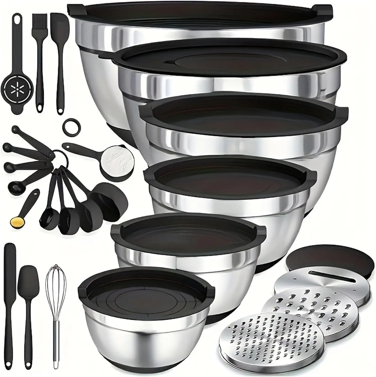 6PCS Classic Stainless Steel Mirror Finish Multi-Size Mixing Bowls Set - Dishwasher Safe, Anti-Slip Base Grip, Airtight Lids (3.5qt Splash Guard Included), 3qt Grater Attachment, 1qt to 7qt, for Grate & Mix Fast