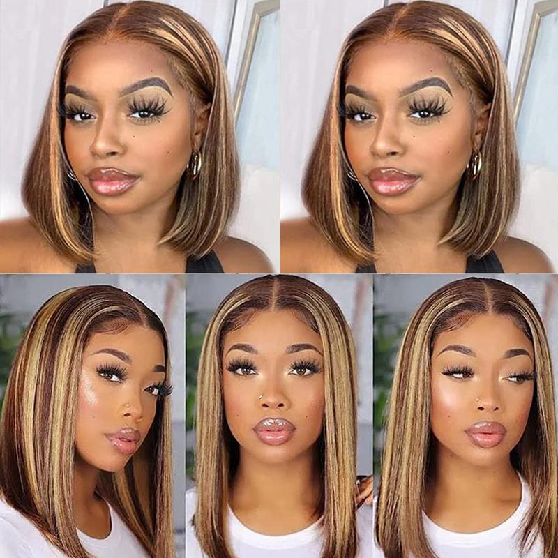 [FREE UPGRADE] West Kiss Highlight Glueless Human Hair Wigs Short Straight 7x4 Lace Closure Bob Wig Pre Cut Pre Plucked Human Hair Wigs