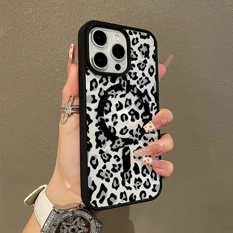 Premium Magnetic TPU Phone Case for iPhone 11/12/13/14/15/16 & Pro Max (Black Leopard Print) - MagSafe Ready, Anti-Fall, Shockproof, Lightweight, Ultra-Thin, Aesthetic, TikTok Compatible, Phone Accessory with Screen Protector for Everyday Use, Iphone 15