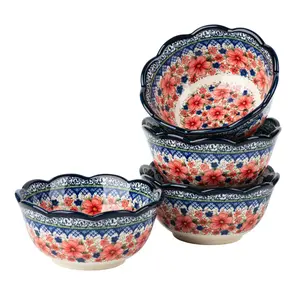 Vintage Floral Ceramic Salad Serving Bowls Set, Large Round High Heat Resistant Cherry Color Bowl, Suitable for Soup Rice Noodles