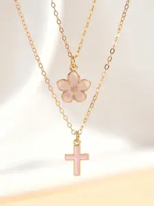 2 pcs Fashionable Versatile Pink Flower Cross Pendant Necklace - Layering Gold Chain Jewelry, Layered Necklaces, Coptic Cross Necklace, Trendy Y2K Dainty Choker for Women, Cute Aesthetic Gift, Suitable For Girls Daily Wear, Cross Chain Design