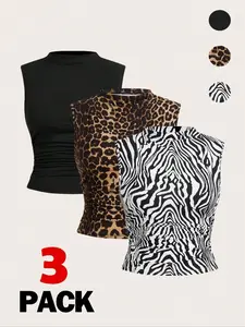 Elegant Leopard & Zebra Print Sleeveless Knit Vest Set, High-Quality Spring Summer Women's Tops, Slimming Waist Design, Versatile Fashion Wear