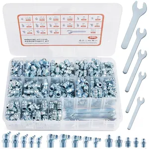 250 count SAE & Metric  Fittings Assortment, Hydraulic Zerk  Fittings with Wrench Kit, Galvanized Steel Straight 45 90  Zerk Fitting for Garage Farm Equipment Maintenance