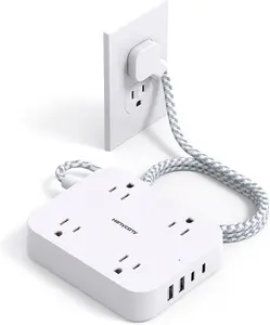 Flat Plug Extension Cord, 5ft Power Strip with 4 USB Ports(2 USB C), 4 Widely Outlets Extender, Wall Mount, Desk Charging Station for Office School Travel Dorm Room Essentials, ETL Listed