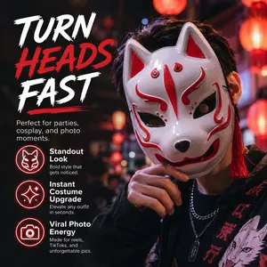 Hand-Painted Kitsune Fox Mask | Japanese Kabuki Full Face Mask for Cosplay, Large Size PVC Masquerade Mask for Halloween Party & Shinto Festival, Aesthetic Tengu Sakura Style Adult Costume Headwear Accessory Handmade Events