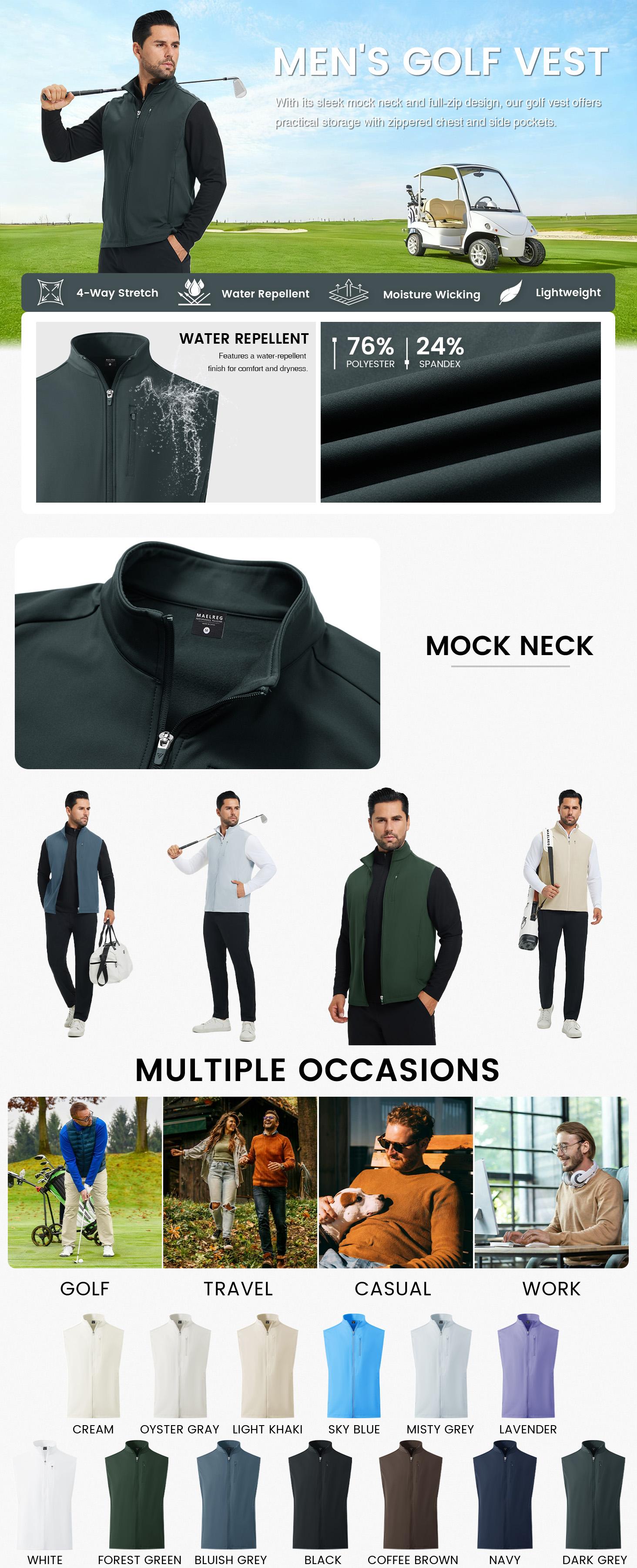 MAELREG Men's Vest Outerwear Golf Water-Resistant Performance Lightweight Fleece Vest for Men Sleeveless Lined Midlayer SpringStatements